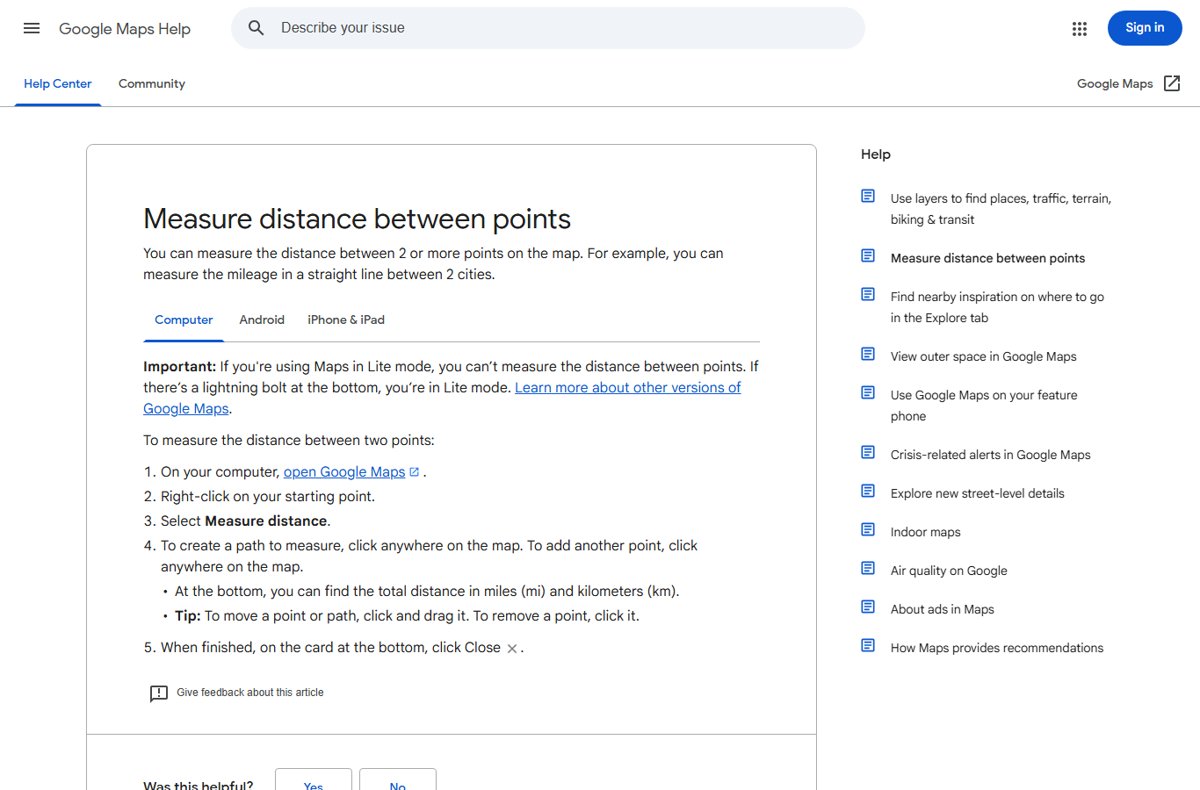 Google Maps Help page listing the steps to measure distance on a computer