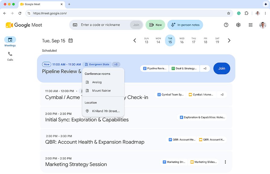 Google Meet home page showing the Enter a code or nickname box