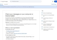Google Messages Help page listing phone and computer requirements for Messages for web