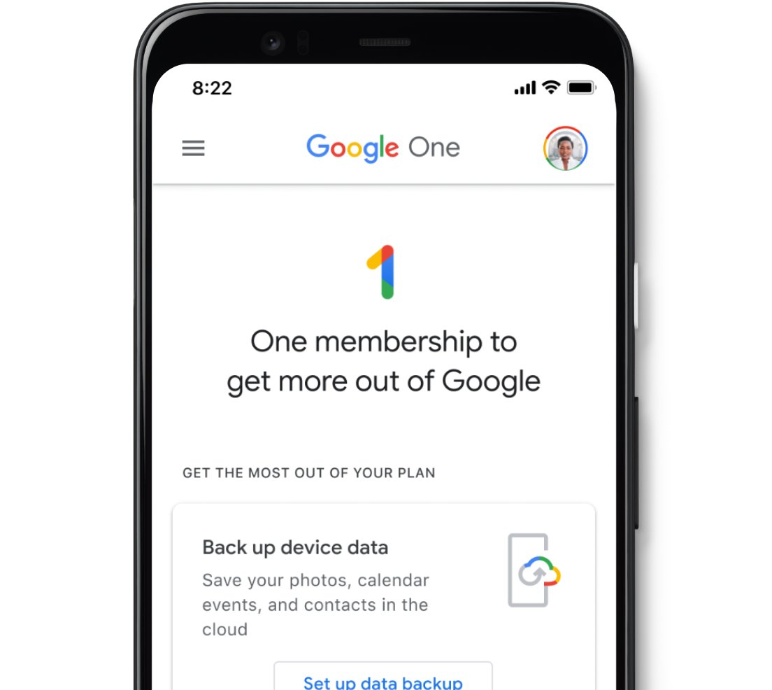 Google One app home screen with a Back up device data card