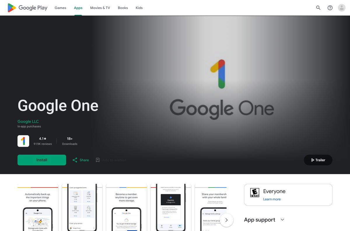 Google Play listing for Google One with rating and downloads