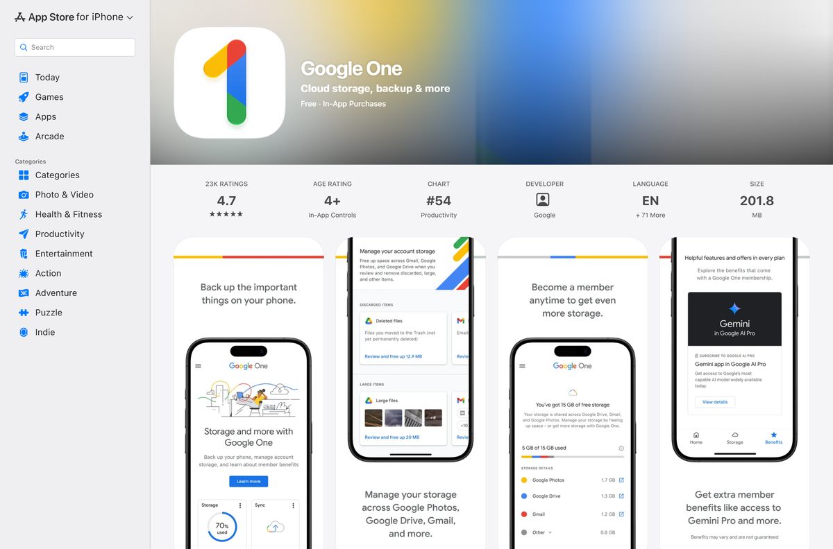 App Store listing for Google One with size and rating