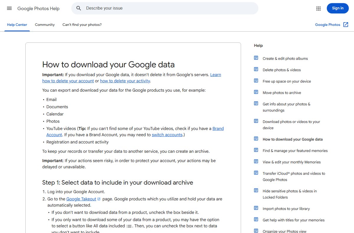 Google Photos Help steps for downloading your Google data with Google Takeout