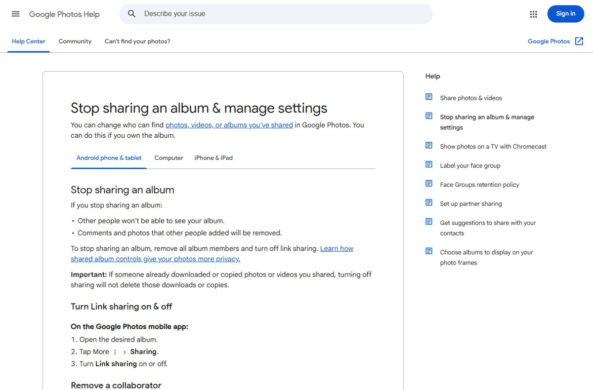 Google Photos Help steps for stopping an album share and link sharing