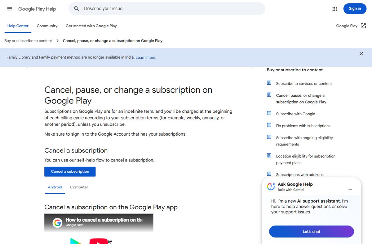 Google Play Help page for canceling, pausing or changing a subscription