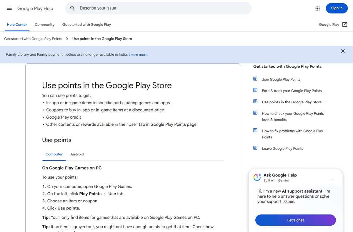 Google Play Help page on using Play Points on Google Play Games on PC
