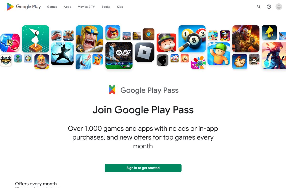 Google Play Pass sign-up page with game and app icons above