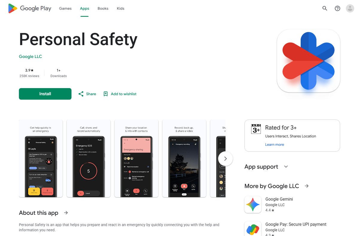 Google Play Store page for the Personal Safety app showing preview screens