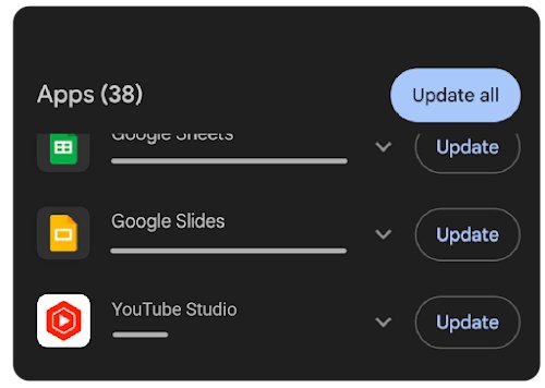 Google Play updates list with an Update all button and individual Update buttons