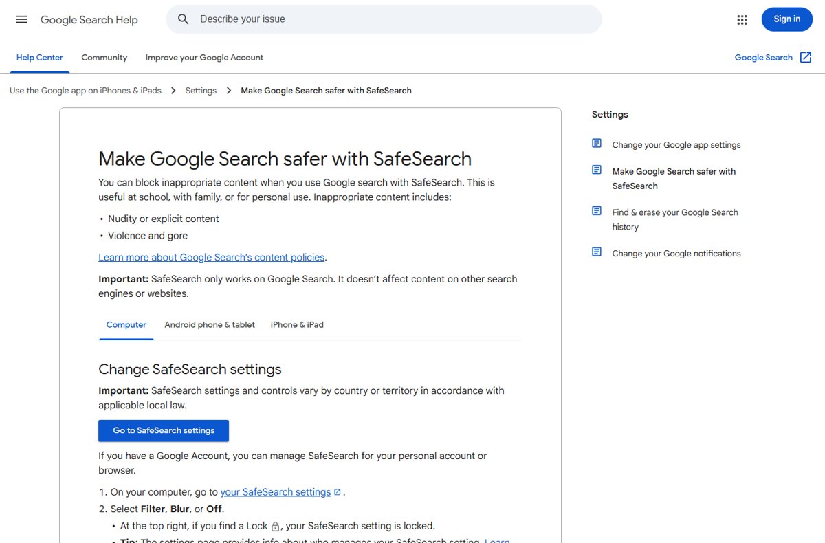 Google Search Help page explaining how to change SafeSearch settings
