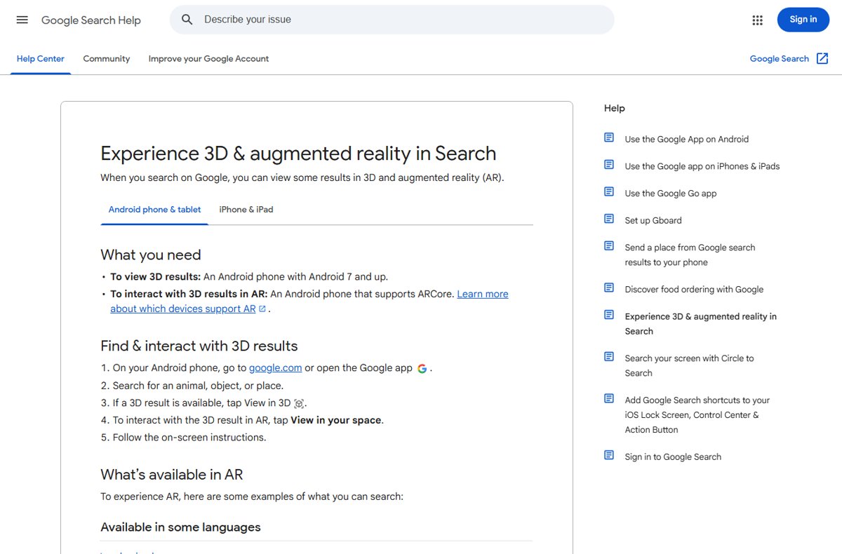 Google Search Help page for 3D and augmented reality results