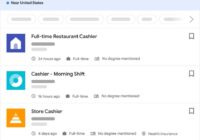 Google Search Jobs panel listing cashier openings near United States