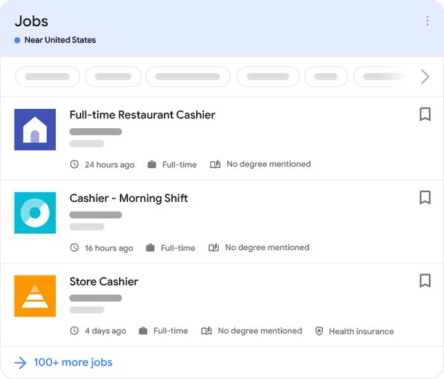 Google Search Jobs panel listing cashier openings near United States