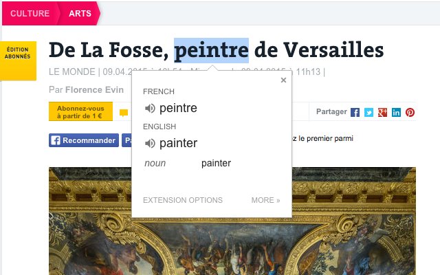 Google Translate extension pop-up translating a highlighted French word into English
