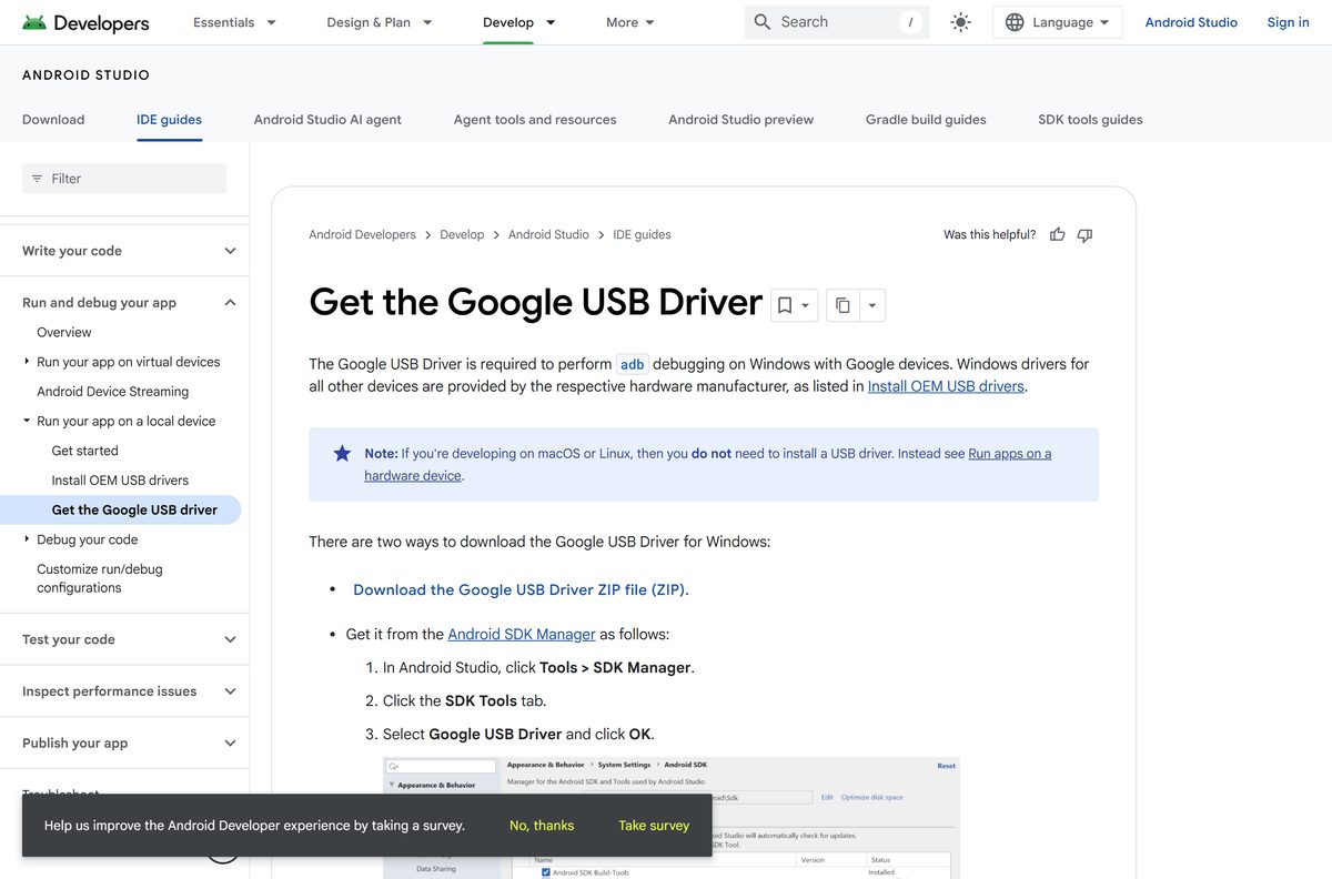 Google USB Driver page describing the SDK Manager download route