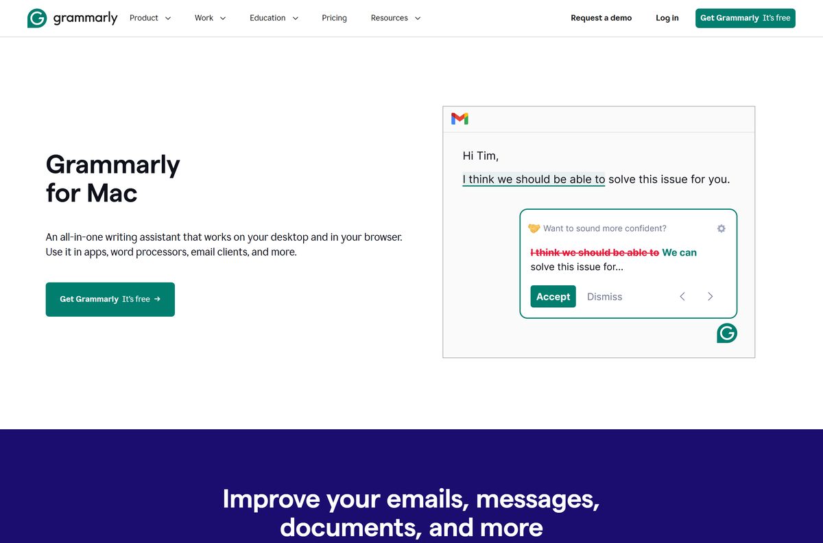 Grammarly for Mac product page with its download button