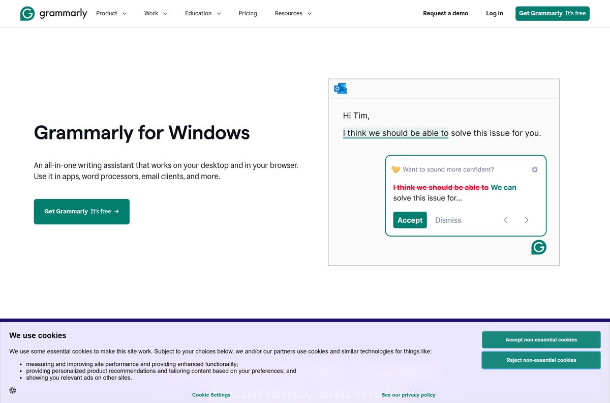 Grammarly for Windows product page with its download button