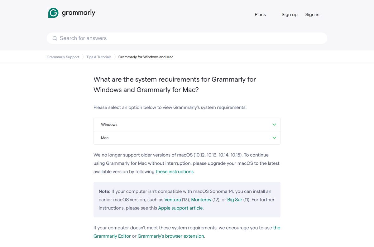 Grammarly support article listing Windows and Mac system requirements