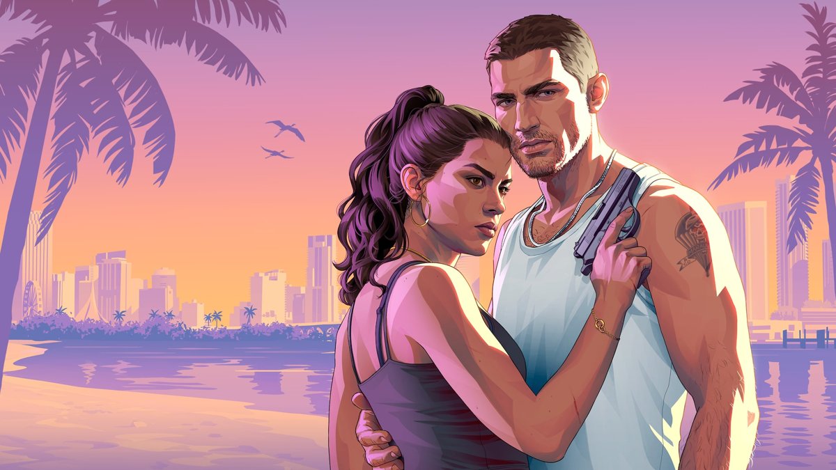 Grand Theft Auto VI cover art showing Lucia and Jason before a skyline
