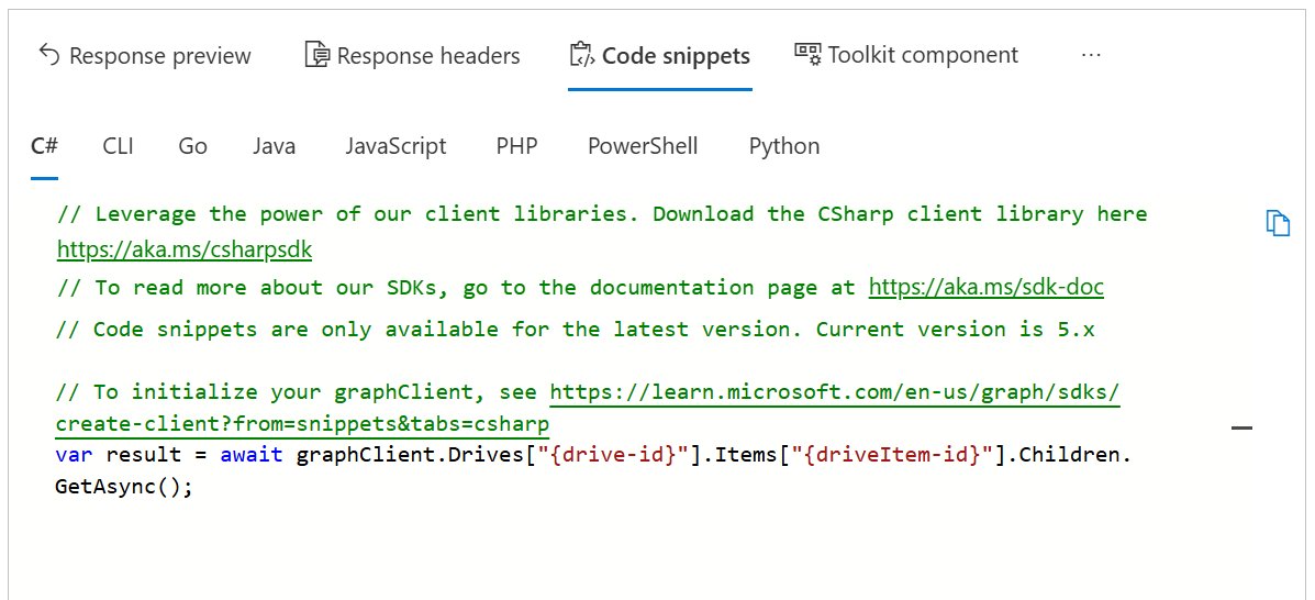 Graph Explorer code snippets tab showing C# client code