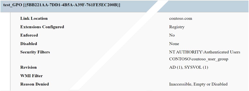 Group Policy Results report showing a denied GPO with its security filters