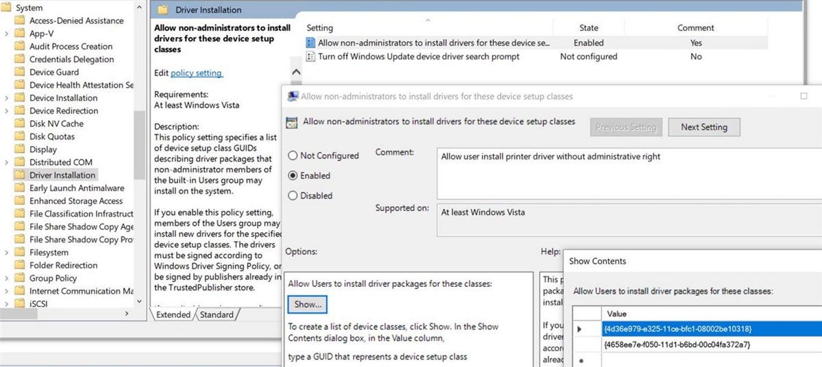 Group Policy printer settings to allow non-administrators to install drivers