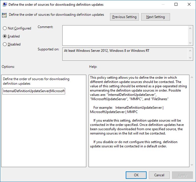 Group Policy setting for the order of definition update sources, set to Enabled