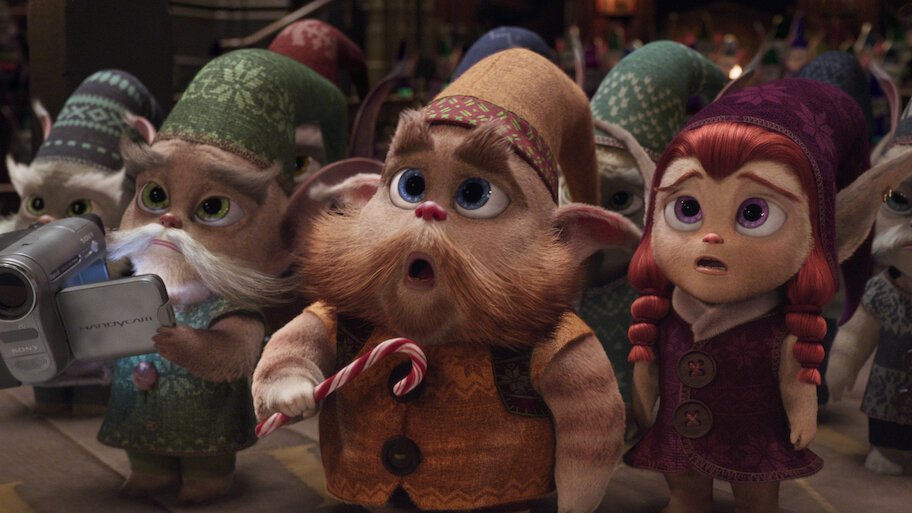 Group of furry Christmas elves looking up in surprise, one holding a candy cane