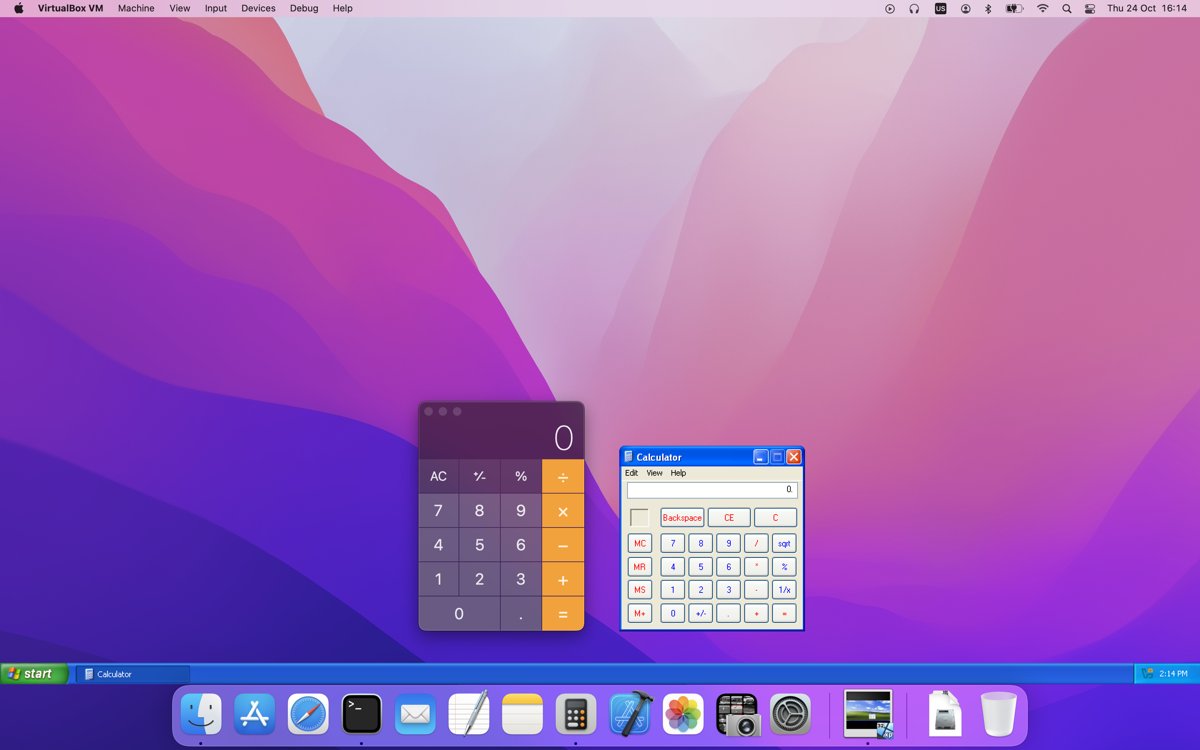 Guest application windows shown directly on a host desktop in VirtualBox seamless mode