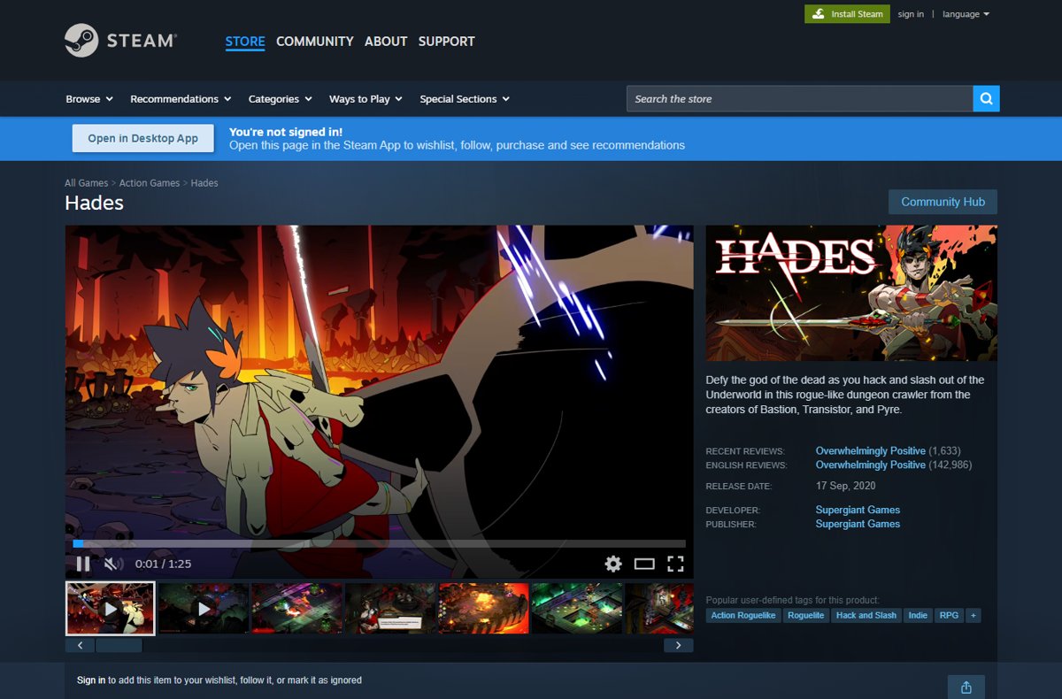 Hades Steam store page with colourful key art among the best PC games