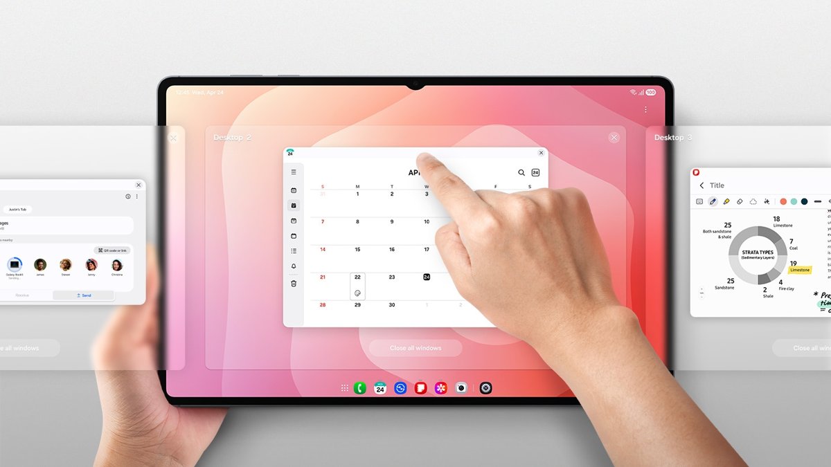 Hand tapping app windows on a Galaxy tablet running DeX