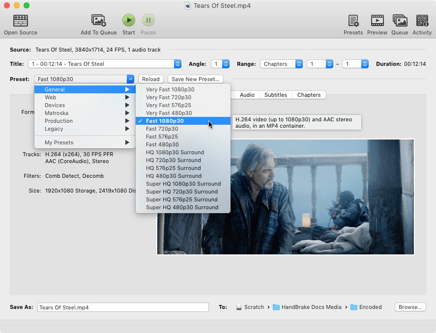 HandBrake preset menu open on the General list with Fast 1080p30 selected