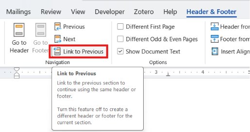 Header & Footer tab with Link to Previous highlighted in Navigation