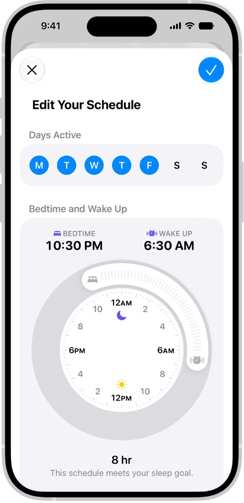 Health app Edit Your Schedule screen with weekday bedtime and wake-up times