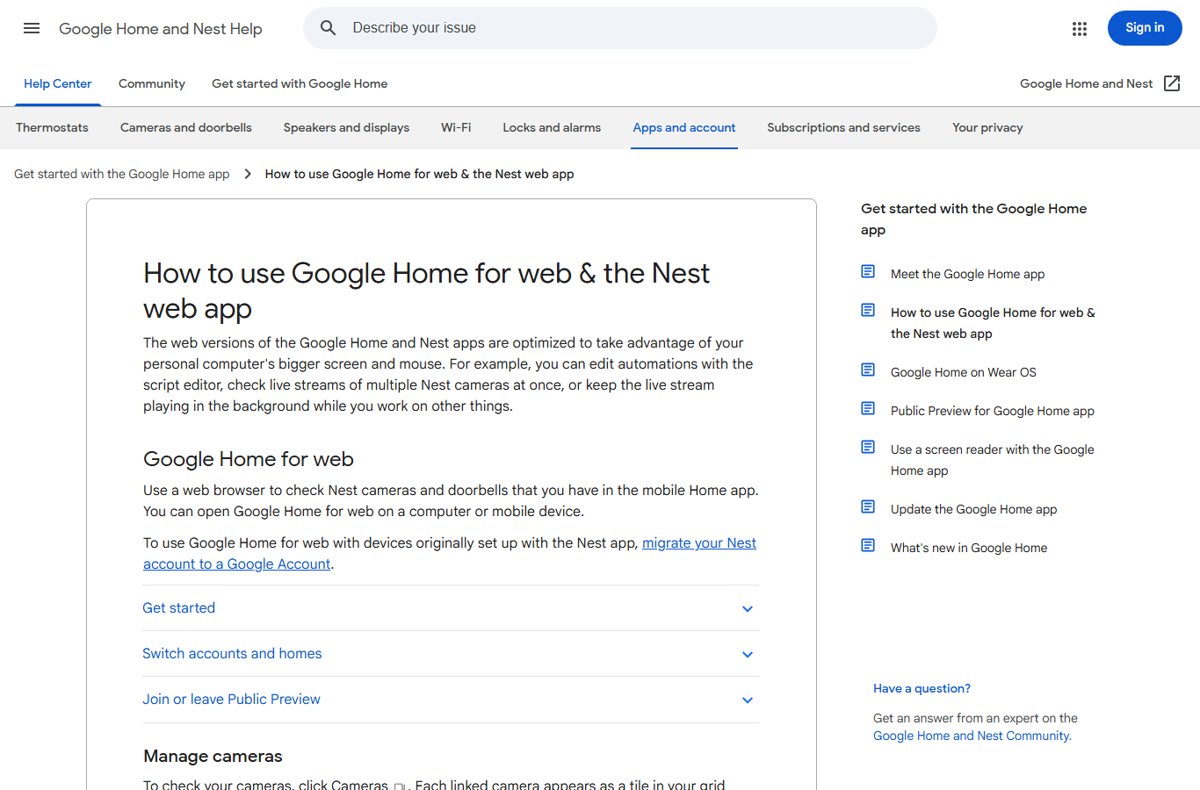 Help page explaining how to use Google Home for web and Nest web app
