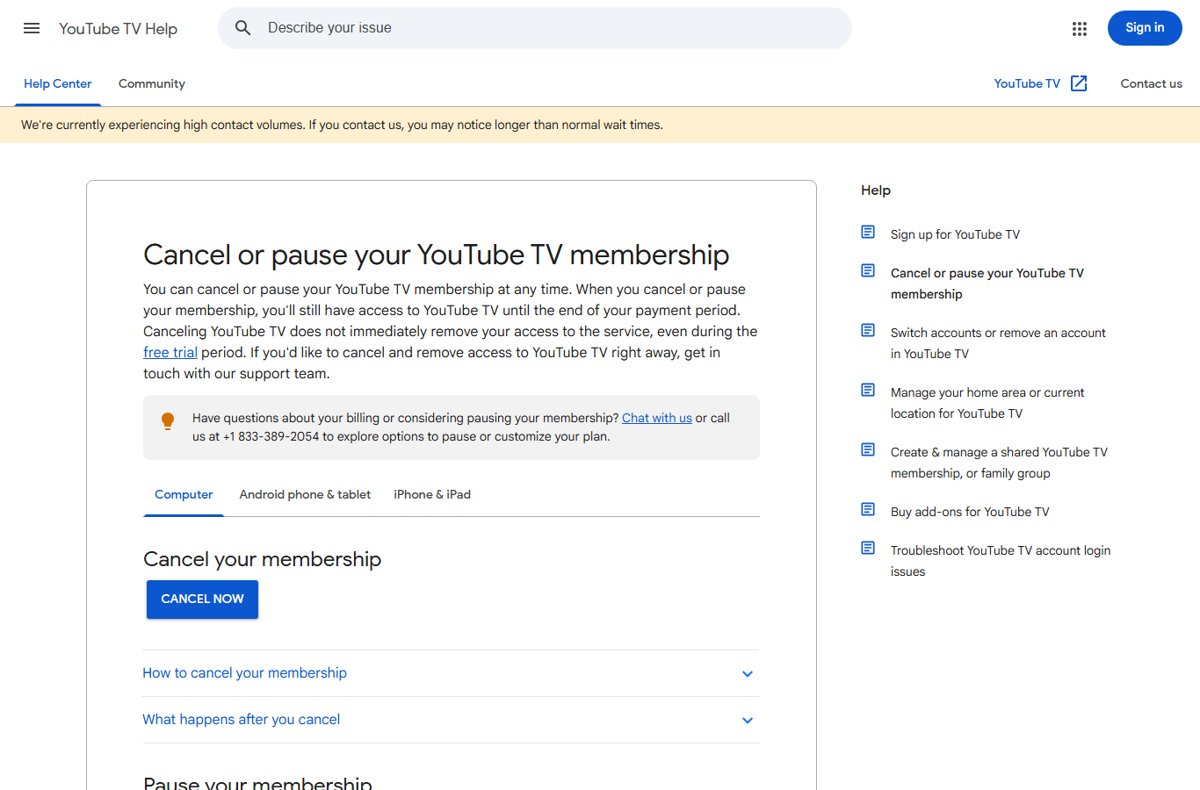 Help page for cancelling or pausing a YouTube TV membership with Cancel Now