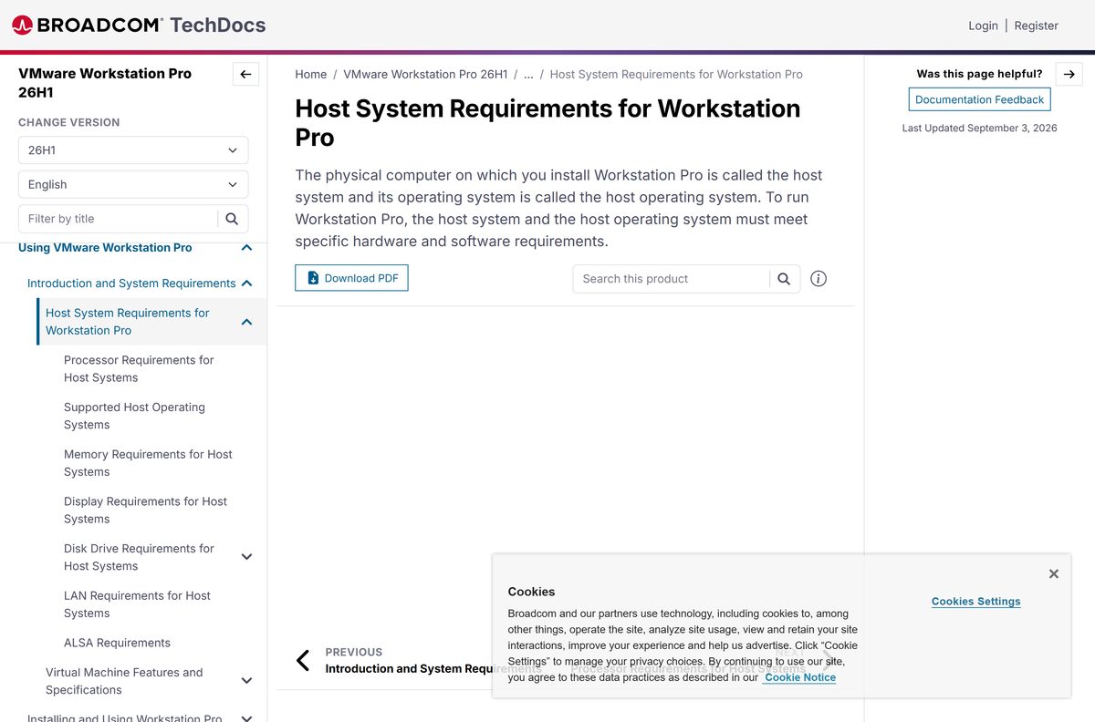 Broadcom host system requirements page for Workstation Pro 26H1