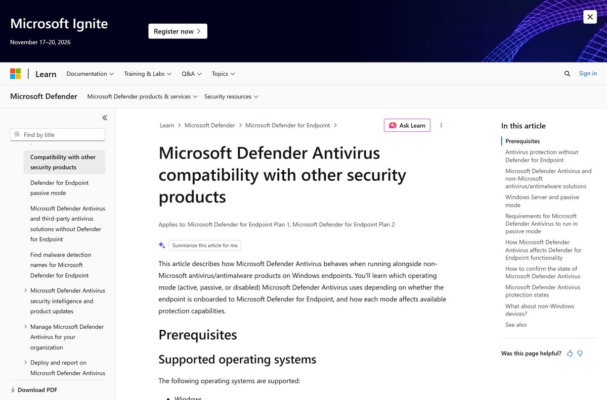 Microsoft documentation table of antivirus modes on Windows 10 and 11