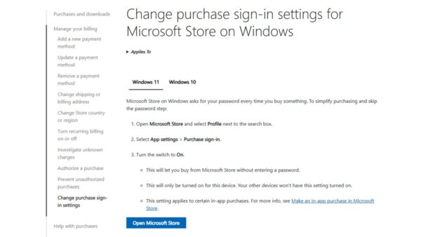 How to change purchase sign-in settings in Microsoft Store