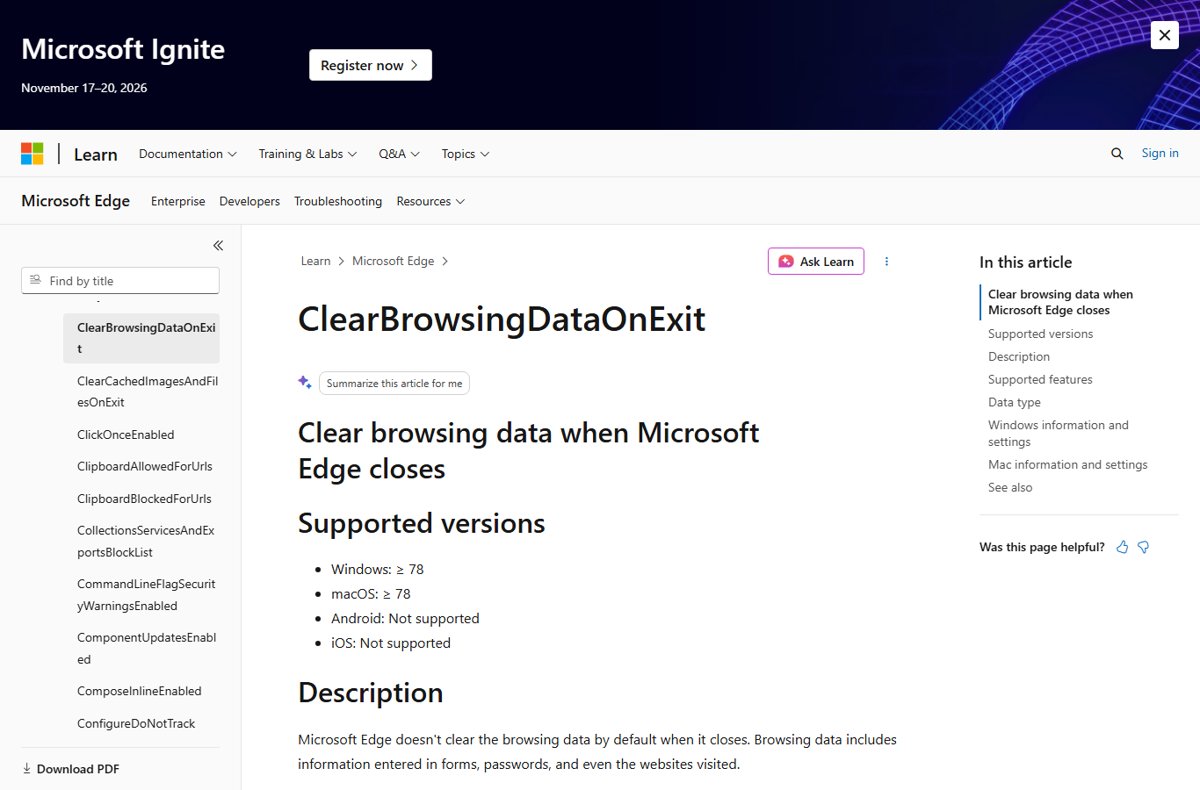 How to disable clear browsing data when Microsoft Edge closes