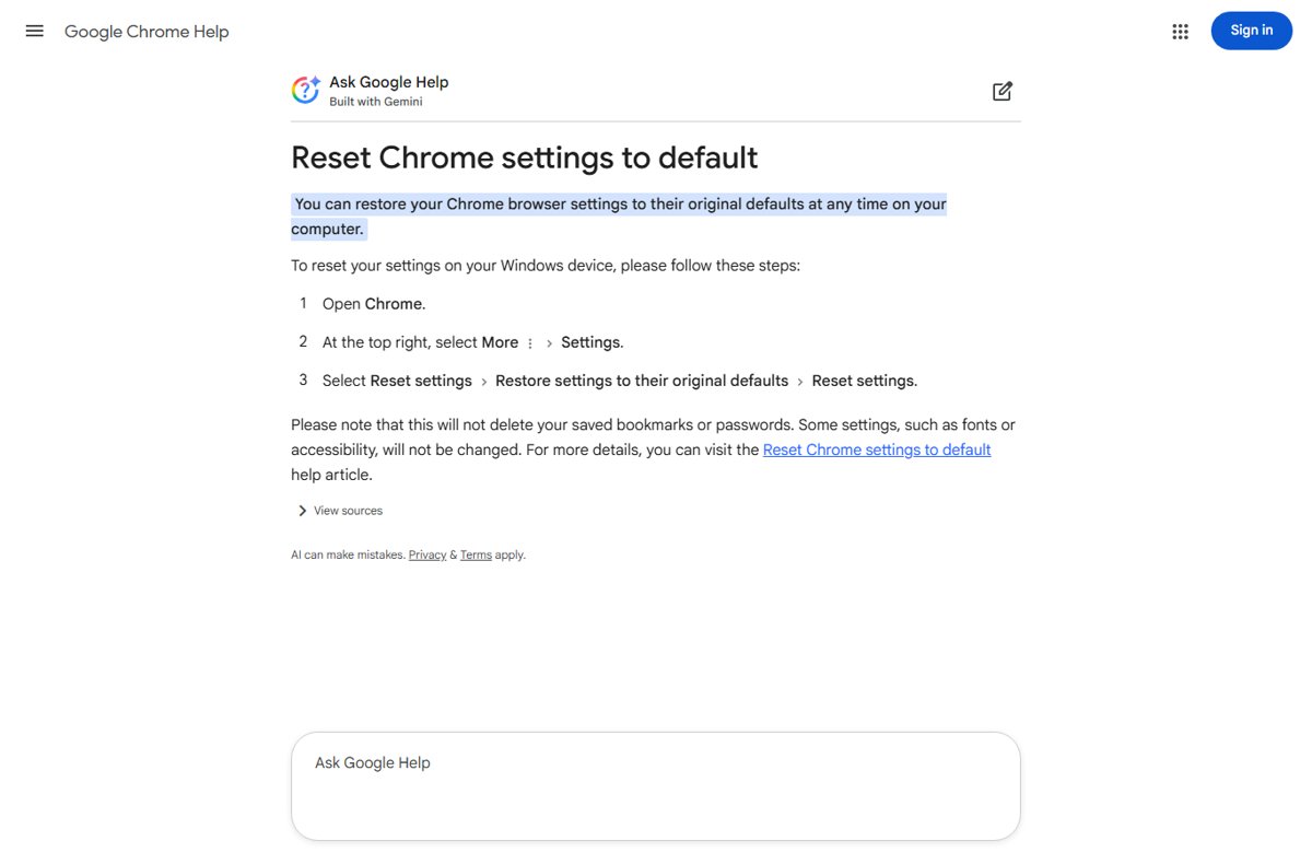 How to reset settings to defaults on Chrome