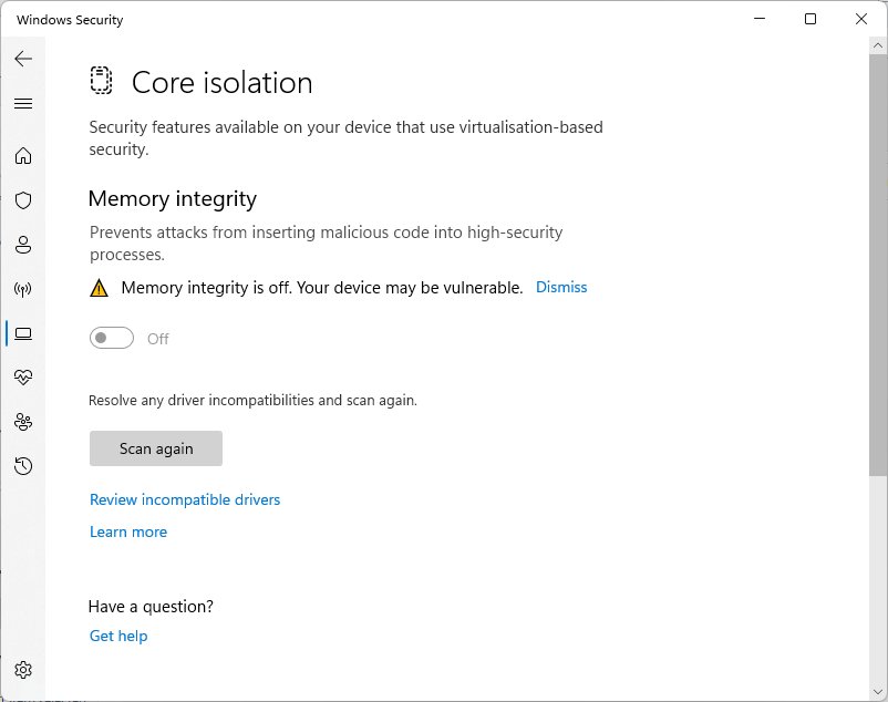 How to turn on/off Core isolation memory integrity in Windows 11