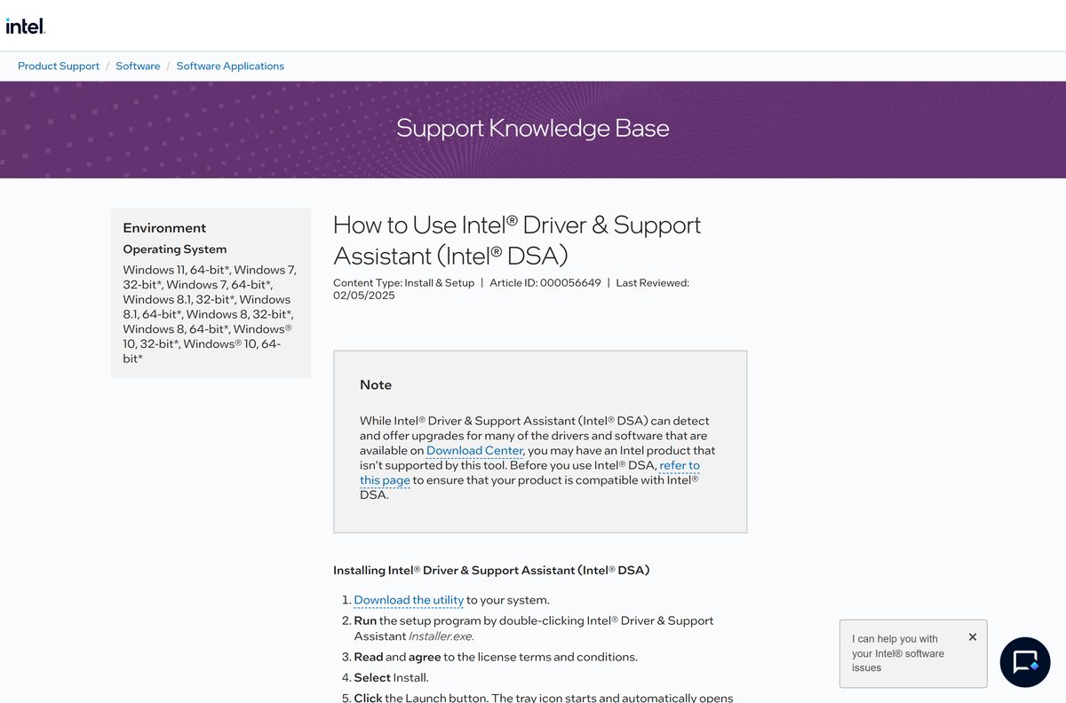 Intel knowledge base article explaining how to install and run DSA