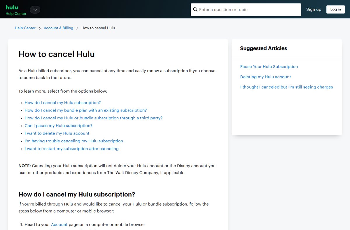 Hulu Help Center article titled How to cancel Hulu