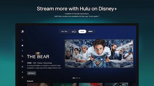 Hulu tab inside the Disney+ TV app showing The Bear