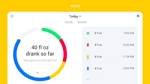 Hydro Coach daily progress ring next to a timed list of logged drinks