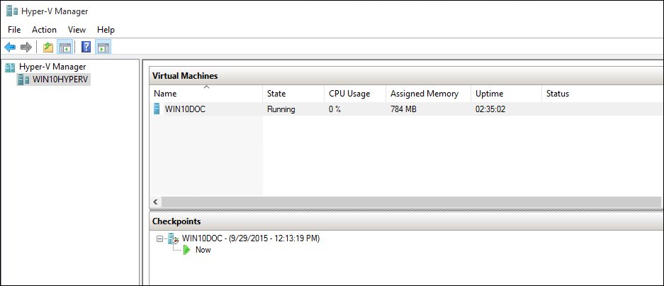 Hyper-V Manager listing a virtual machine in the Running state