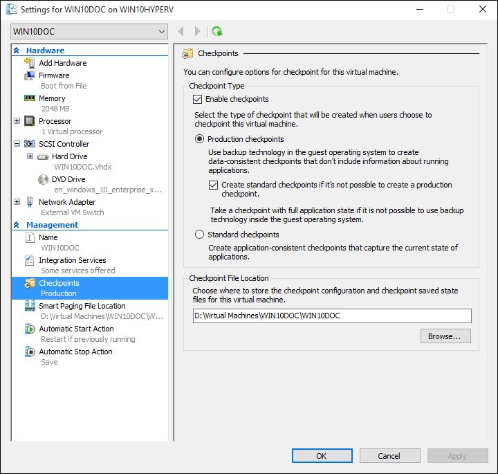 Hyper-V VM settings on the Checkpoints page with production checkpoints selected