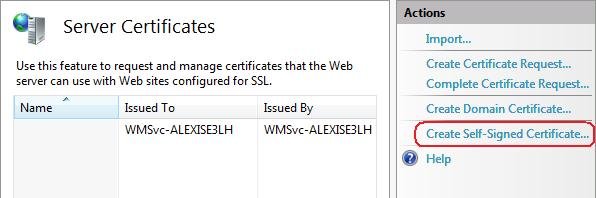 IIS Manager Server Certificates page with Create Self-Signed Certificate highlighted