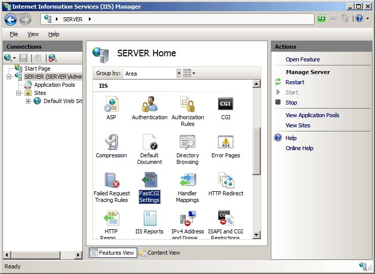 IIS Manager server Home pane with FastCGI Settings selected